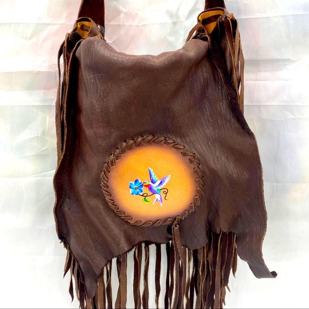 Signed Handcrafted native american leather fringe bag painted hummingbird OOaK - Picture 1 of 12